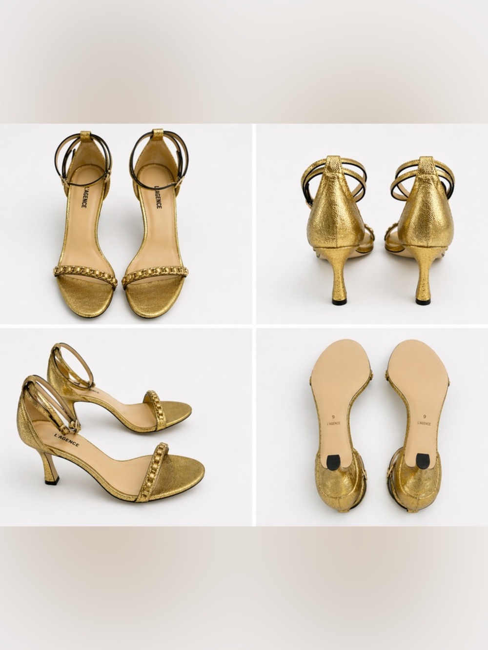 L'AGENCE Metallic Gold and Black Strappy 4” Heels Size 9